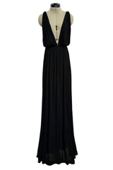 Sensual Spring 1973 Yves Saint Laurent Runway Black Silk Jersey Front, Side & Back Plunge Dress