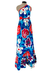 Prettiest 1977 Oscar de la Renta for Swirl One Shoulder Printed Bright Floral Cotton Dress w Ruffled Hem