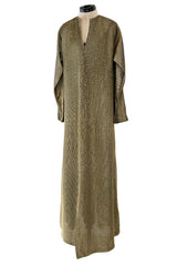 Chic 1970s Halston Deep Metallic Gold Lame Lurex Full Length Caftan Dress w Notched Neckline