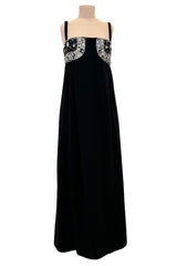 Sophisticated 1960s Donald Brooks Fine Black Wool Crepe Dress w Elaborate Rhinestone Detailing