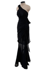 Incredible 1980s Thierry Mugler Black Layered Silk Chiffon One Shoulder Dress Flared Skirt Dress