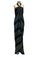 Gorgeous 2014 Lanvin by Alber Elbaz Deep Green & Navy Silk Striped Sarong Dress w Tie Halter