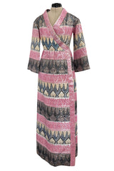 Incredible Fall 1970 Bill Blass Runway Pink Patterned Gold Metallic Thread Dress w Wide Sleeves