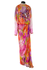 Extraordinary 1970s James Galanos Couture Floral Print Silk Chiffon Dress w Beaded Butterfly Detailing