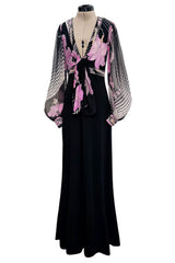 Prettiest 1970s Leonard Paris Printed Silk & Black Jersey Dress w Plunge Front & Silk Chiffon Sleeves