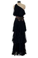 Incredible 1960s Donald Brooks Black Lace Tiered One Shoulder Jumpsuit w Wide Legs & Belt