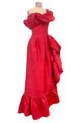 Prettiest 1970s Loris Azzaro Red Silk Gazaar One Shoulder Dress w Ruffled Detailing & Side Bow