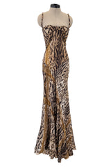 Sexiest 2003 Roberto Cavalli Laced Back Corset Leopard Print Silk Chiffon Dress w Stitched Panels