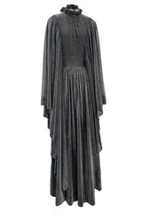 Spectacular 1970s Gina Fratini Metallic Deep Silver Lame Dress w Ruffle Collar & Angel Sleeves