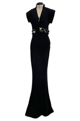 Minimalist Late 1990s Jean Louis Scherrer by Stephane Rolland Black Plunge Dress w Sequin Detailing