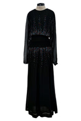 Spectacular 1970s Givenchy by Hubert de Givenchy Black Chiffon Dress w Colored Rhinestones