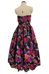 Stunning c 1990 Geoffrey Beene Strapless Sequin Bodice & Floral Silk Taffeta Dress w Shawl