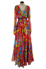 Spectacular Fall 1989 Yves Saint Laurent Runway Metallic Gold Detailed Silk Chiffon Dress
