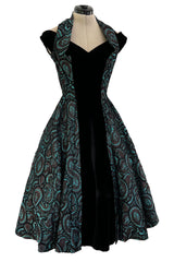 Spectacular 1940s Lilli Ann Teal & Brown Brodace & Velvet Dress w Looped Lame Detailing