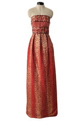 Stunning 1960s Paul Whitney Numbered Strapless Beaded Gold & Red Silk Brocade Dress