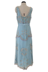 Prettiest Vintage Unlabeled Dusty Pale Blue Net Applique & Embroidered Dress w Ribbon Waist Tie