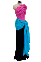 Iconic Spring 1985 Yves Saint Laurent Runway Pink & Black One Shoulder Dress w Blue Swag