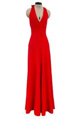 Amazing 1970s Halston Red Jersey Halter Neck Jumpsuit w Open Bare Back & Ultra Wide Legs