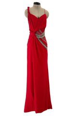 Fabulous 2000s Versace by Donatella Red Crepe Dress w Rhinestone & Silver Chain Detailing