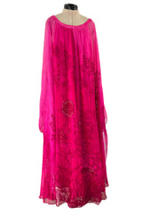 Dreamy 1970s Hanae Mori Pink Layered Bias Cut Silk Chiffon Caftan Dress w Floral Print