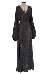 Fabulous 1970s Ossie Clark Metallic Silver & Black Lurex Knit Lame Plunge Dress