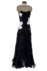 Beautiful Fall 2005 John Galliano Bias Cut Black Silk Dress w Hand Applied Silk Flowers