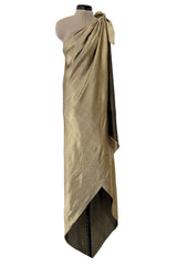 Rare Halston 1976 Couture One Shoulder Gold Metallic Lame Sarong Dress