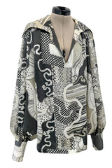 Beautiful & Rare 1970s Thea Porter Balloon Sleeve Grey Toned Printed Top w Pointed Collar