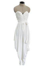 1970s Loris Azzaro White Stretch Jersey Strapless Jumpsuit w Gathered Bodice & Draped Pants