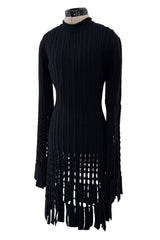 Important & Rare Fall 1993 Azzadine Alaia Black Ribed Knit Laser Cut Out & Fringe Dress
