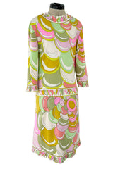 Prettiest 1960s Emilio Pucci Pale Pastel Curving Print Silk Jersey Dress w Contrasting Border