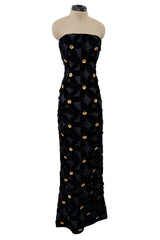 Spectacular 1980s Hubert de Givenchy Haute Couture Velvet Floral Cut Out Dress w Gold Metal Flowers