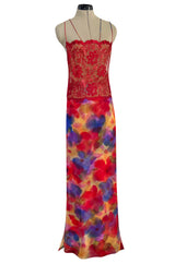 1970s Galanos Couture Silk Chiffon Pant & Over Dress Set w Metallic Lace Detailing