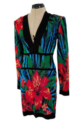 Stunning 2010s Balmain by Olivier Rousteing Huge Floral Print Front Plunge Knit Mini Dress