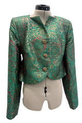 c1993 Yves Saint Laurent Brilliant Green Cropped Jacket w Gold & Red Metallic Detailing