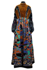 Spectacular 1970s Ronald Amey Demi-Couture Printed Silk, Silk Chiffon & Cut Velvet Dress