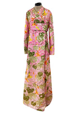 Stunning Fall 1970 Bill Blass Pink Quilted Silk Floral Pattern Metallic Dress w Banded Waist
