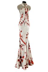 Spectacular Spring 2007 Roberto Cavalli Ivory & Coral Print Bias Cut Silk Dress w Twisted Halter Front & Low Back