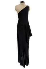Important Spring 1979 Halston Couture Runway Black Silk Chiffon One Shoulder Wrap Dress