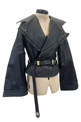 Fall 1982 Gianfranco Ferre Runway Black Blue Wrap Leather Jacket w Wide Sleeves & Huge Collar
