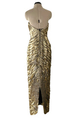 1989 Vicky Tiel Couture Metallic Gold Lame Gathered & Draped Strapless Dress