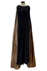 Striking Fall 1976 Chloe by Karl Lagerfeld Runway Documented Black Silk & Metallic Gold Caped Back Panel Dress