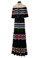 Spring 1977 Christian Dior by Marc Bohan Black Cotton Jersey Striped Off Shoulder Ruffled Dress