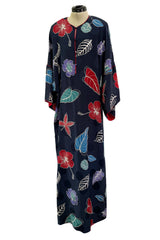 Easy-to-Wear 1980s Hanae Mori Printed Leaf & Flower Blue Silk Caftan Dress w Wide Sleeves