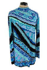 Chic Little 1970s Leonard Ocean Blues Printed Silk Jersey Untra Mini Dress or Tunic