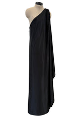 Original 1978 Halston Couture Main Label Black Jersey One Shoulder Draped Full Length Maxi Dress