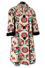 Exquisite Fall 1974 Hanae Mori Metallic Gold Brocade 3/4 Sleeve Coat w Pops of Turqoise & Red