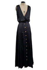 Spectacular 1990s Unlabeled Chanel by Karl Lagerfeld Black SIlk Dress w V Front & Logo Buttons