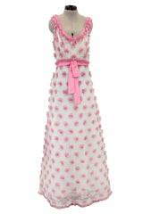 Late 1960s Belleville et Cie Couture Ivory Silk Net Dress w Pink Chiffon & Beaded Details
