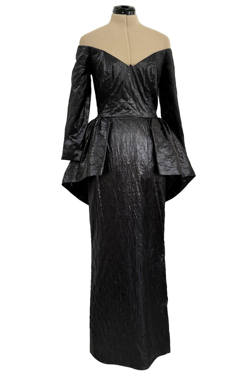 Glamourous 1980s Loris Azzaro Black Off Shoulder Leather Look Dress w Hip Peplum